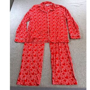 White Mark Pajama Set Women Medium Red Heart Print Excellent Button Front PJs